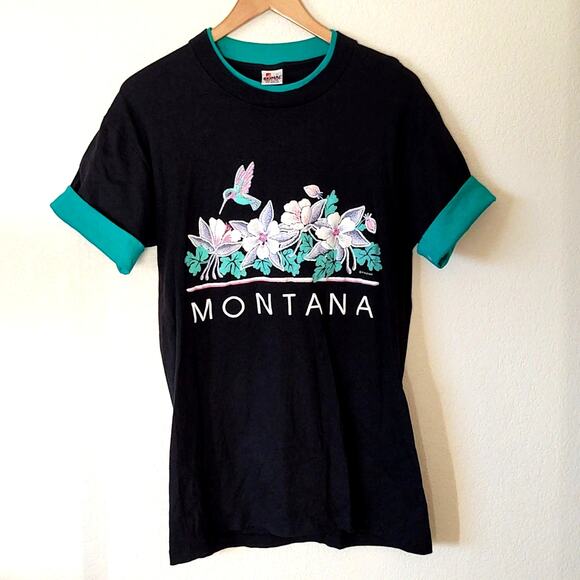 Vintage signal Montana '91 flowers and hummingbird long tee - Picture 1 of 5